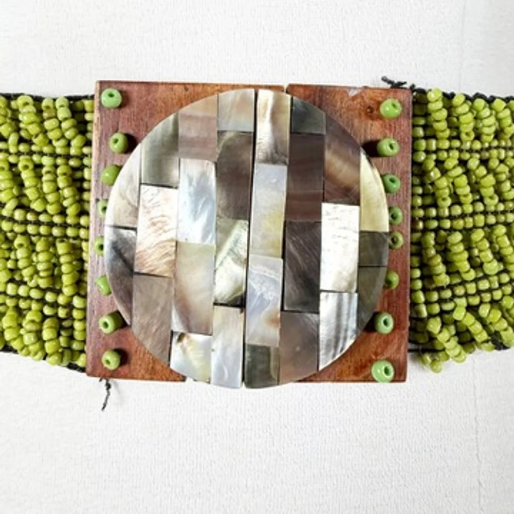 Statement Beaded Lime Green Wide Belt Wood & Mosaic Inlay Buckle Boho Size OS - Picture 2 of 9